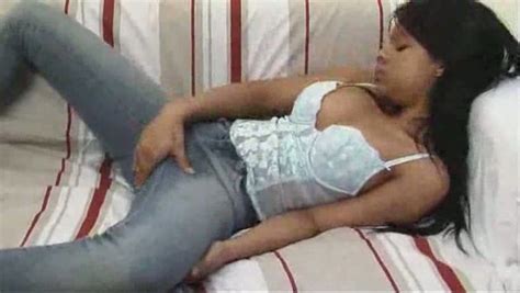 My barely legal ebony babe masturbates on couch for me ...